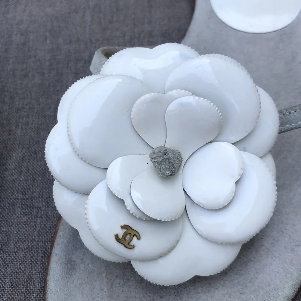CHANEL Leather Camellia Flip Flop Sandals
